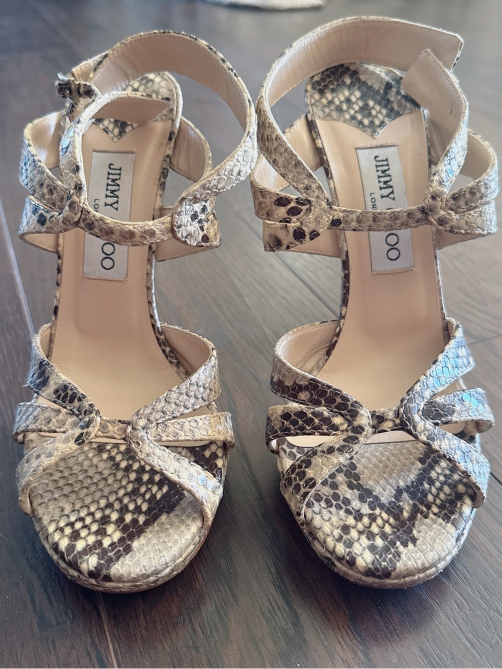 Jimmy Choo Snake-Print Strappy Heels in Beige and Black